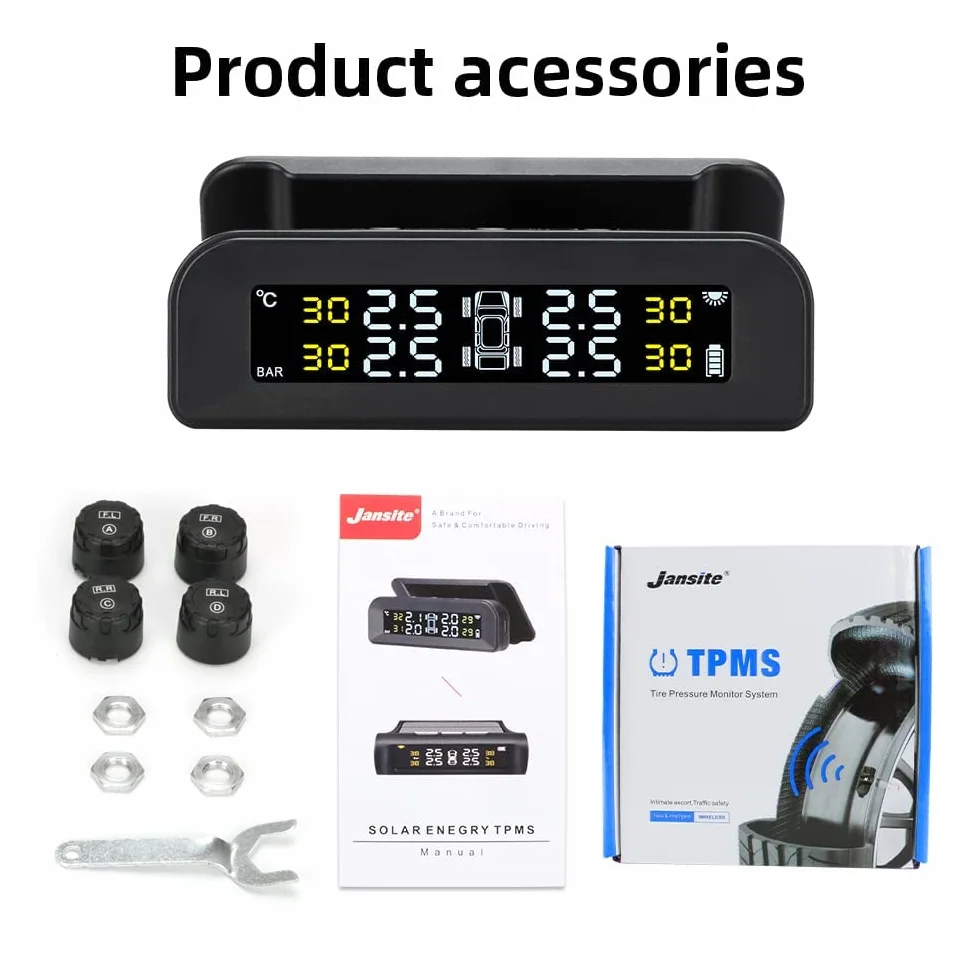 Jansite TPMS Sistema de monitoreo de presión de neumáticos solar 22-87Psi montaje en parabrisas con 4 sensores externos para coche en tiempo real sistema de alarma automática inalámbrica