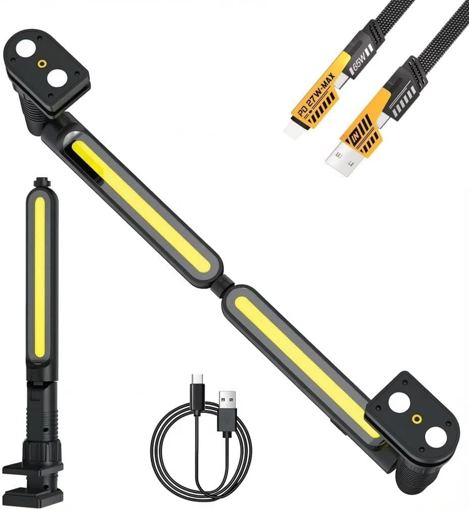 Pack de 2 Linternas LED de Trabajo para Capó de Coche, 3000 lm, 5200 mAh, USB-C, Magnéticas, 2 en 1, Rotación 360°, Ganchos y Pinzas, Luz para Taller Mecánico, Negro