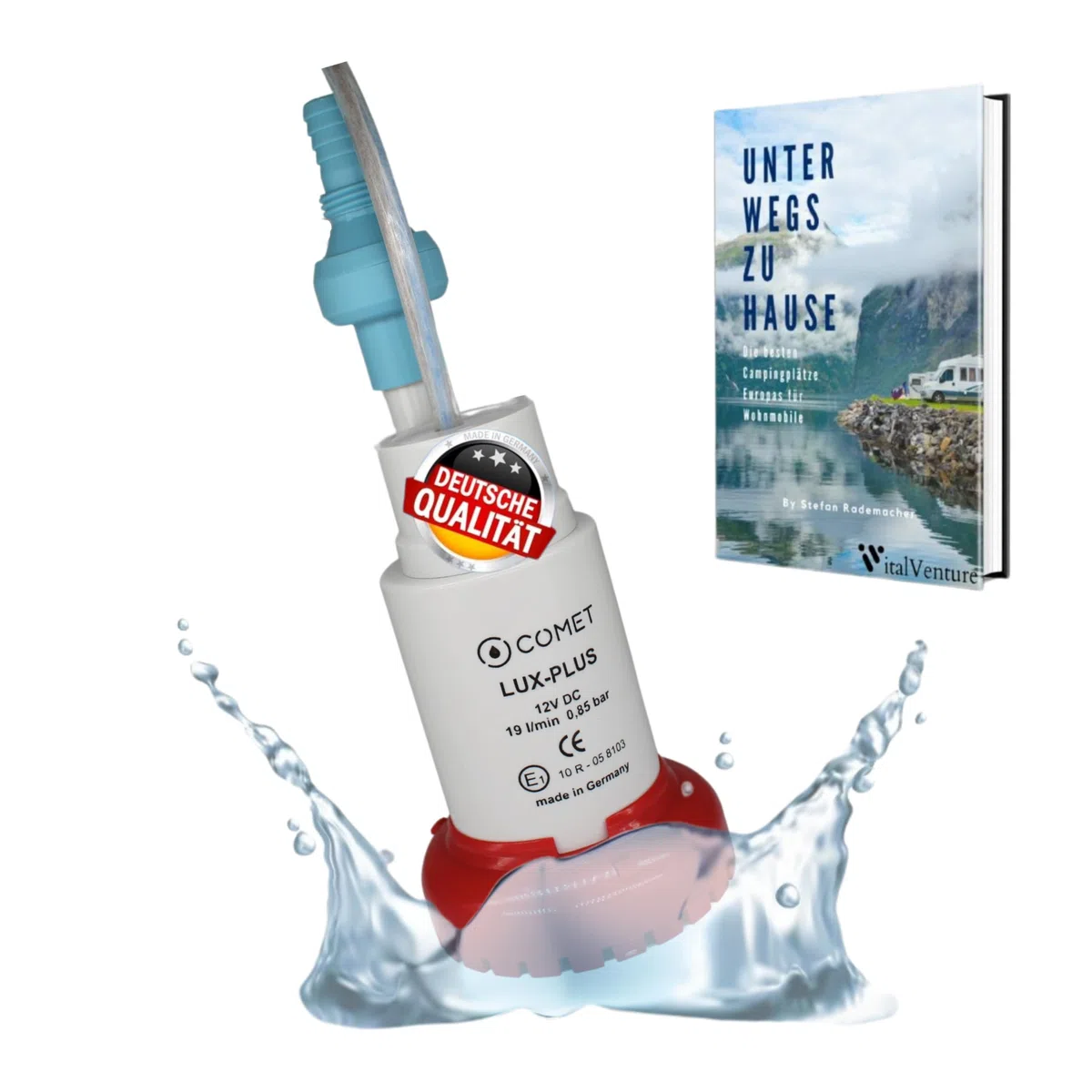 Carbest LuxPlus Bomba de agua 12V con válvula de retención y filtro Camping Ebook - 19 l/m, 0,85 bar, blanco/rojo, plástico, diseño mini bomba de transferencia