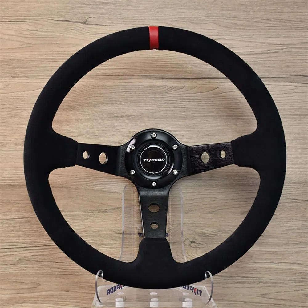 Volante de carreras universal de 350 mm/14 pulgadas, con agarre de 6 tornillos, empuñadura de gamuza, diseño cóncavo profundo (3"), botón de bocina