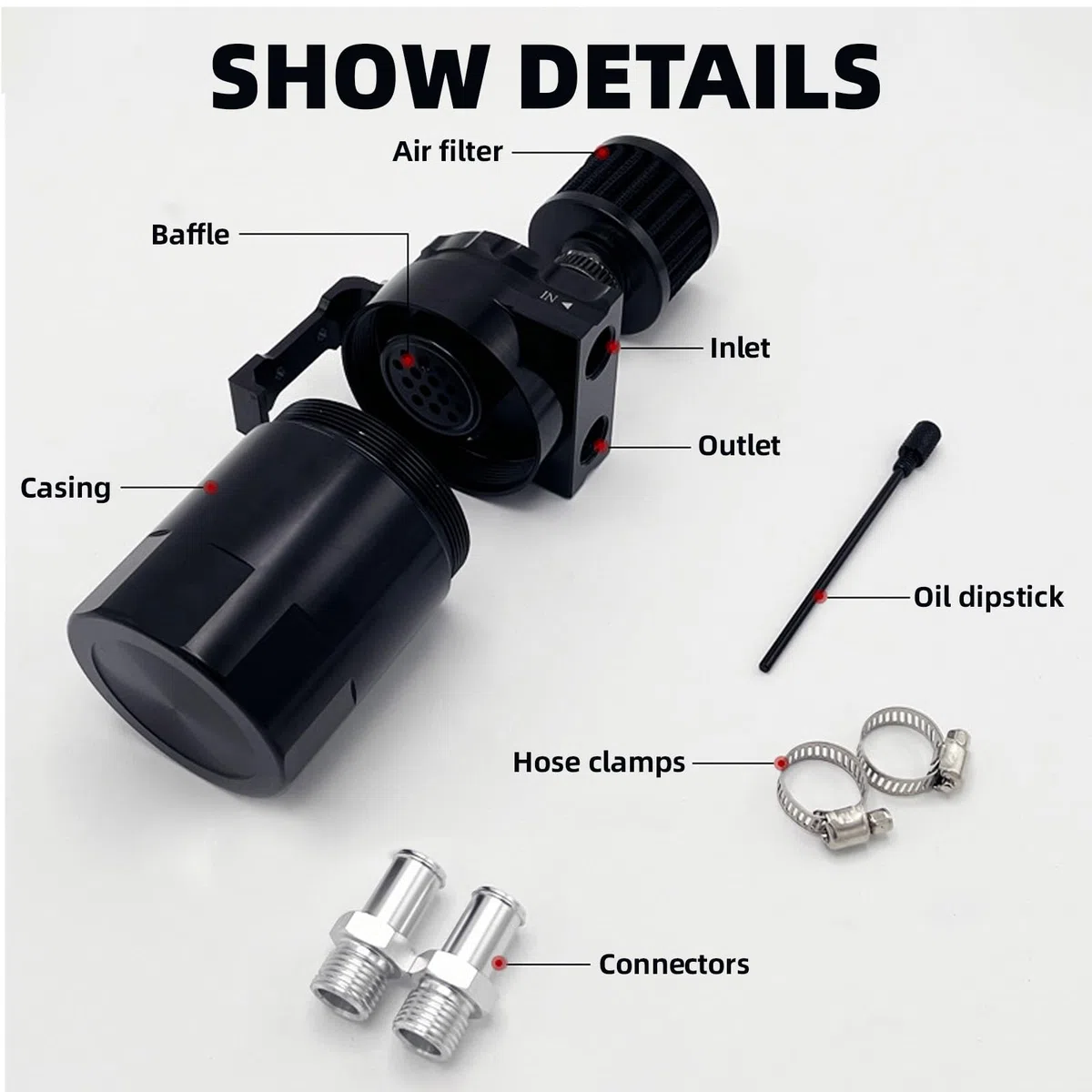Bote de Captura de Aceite, Tanque de Depósito de Aluminio para Automóvil de 300 Ml, Kit Universal Con Filtro de Aire, Manguera y Otros Accesorios (Negro)