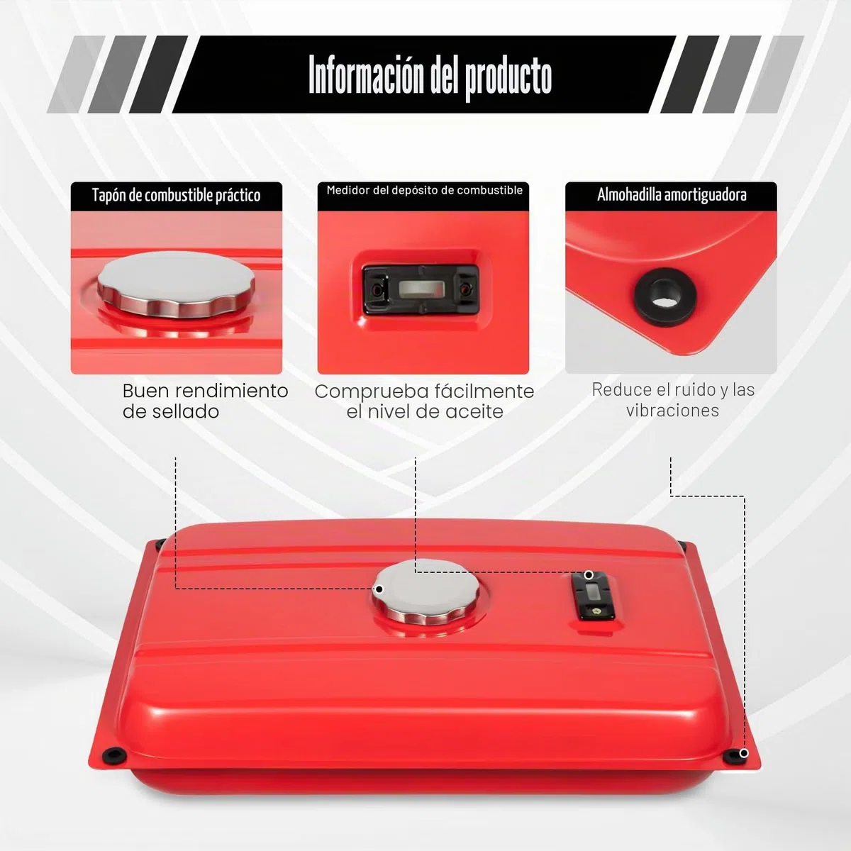 Depósito de combustible para generador [15L de hierro] Tanque de gasolina universal para generadores de electricidad, incl. filtro y llave de gasolina, 54,9x36 cm (Rojo) para construcción