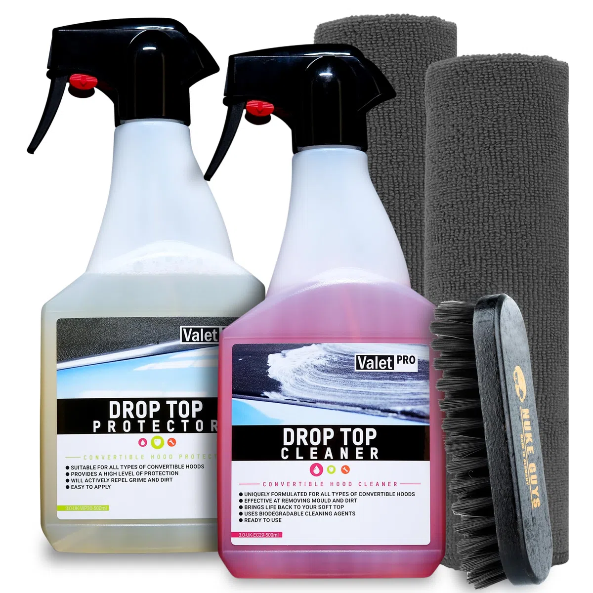 detailmate Juego de limpieza para techo convertible con cepillo y 2 paños de microfibra: Valet PRO Drop Top Cleaner 500ml + Drop Top Protector 500ml cuidado capota + accesorios