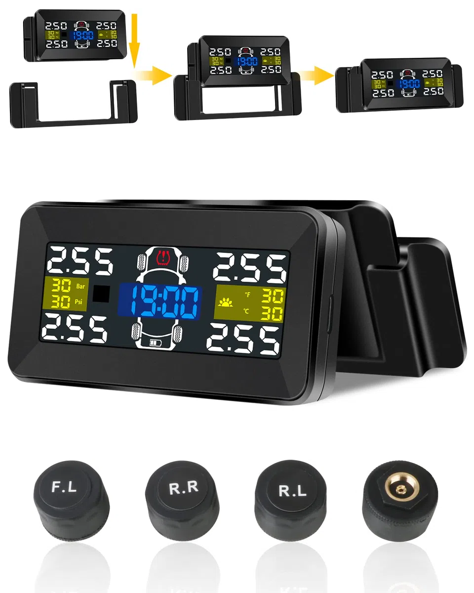TPMS Sistema de Control de la Presión de Los Neumáticos con Soporte Desmontable Pantalla Grande Carga solar y TYPE-C 4 Sensores Externos 21-87Psi
