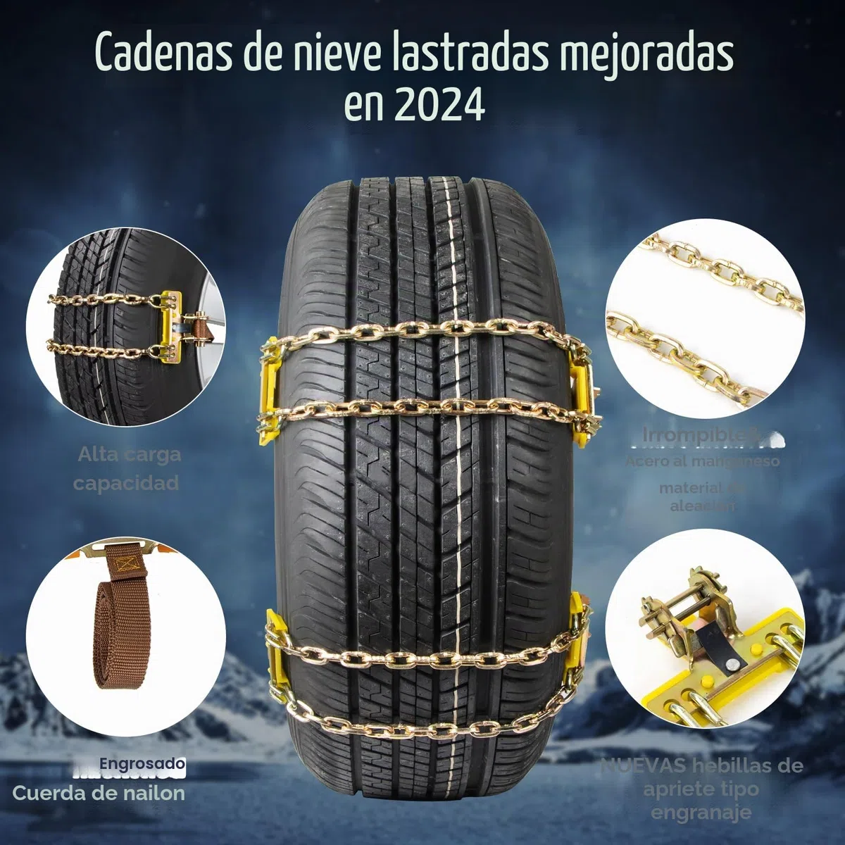 Cadenas para Nieve - Juego de 6 Ajustables y Resistentes Con Pala de Plástico y Guantes - Para Coches, Camiones, SUV - Ancho 165-265 mm