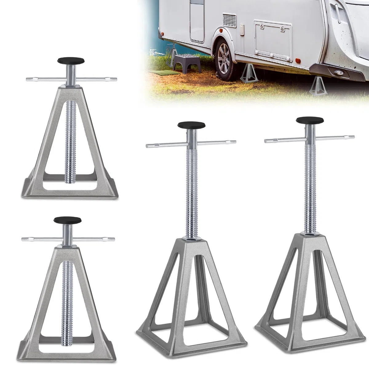 Aufun tréteaux, tréteaux pour caravanes et remorques, Accessoires pour caravanes, Accessoires pour Camping-Cars, jusqu'à 1000 Kg de Charge, réglable en hauteu (Lot de 4)