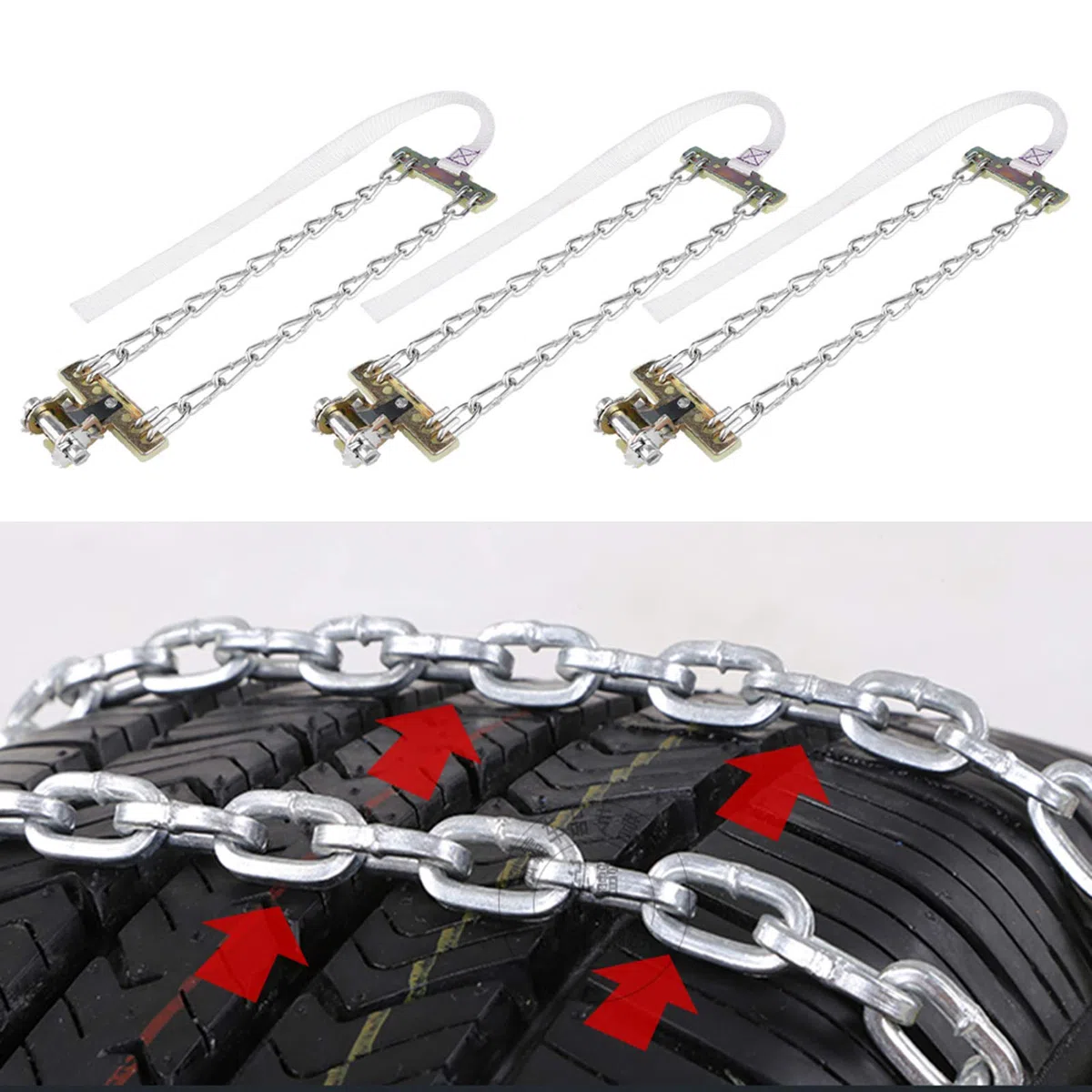 Fydun Cadena Antideslizante de Acero para Neumáticos - 3 Piezas con Clip de Seguridad para Coche, Camión y SUV en Nieve (M)