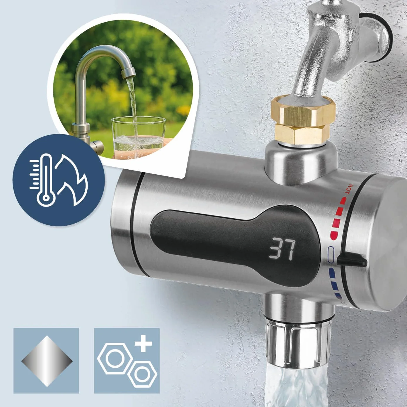 MAXXMEE Calentador de agua compacto | Calentador de agua de acero inoxidable para casi cualquier conexión de agua | Con espiral de calefacción