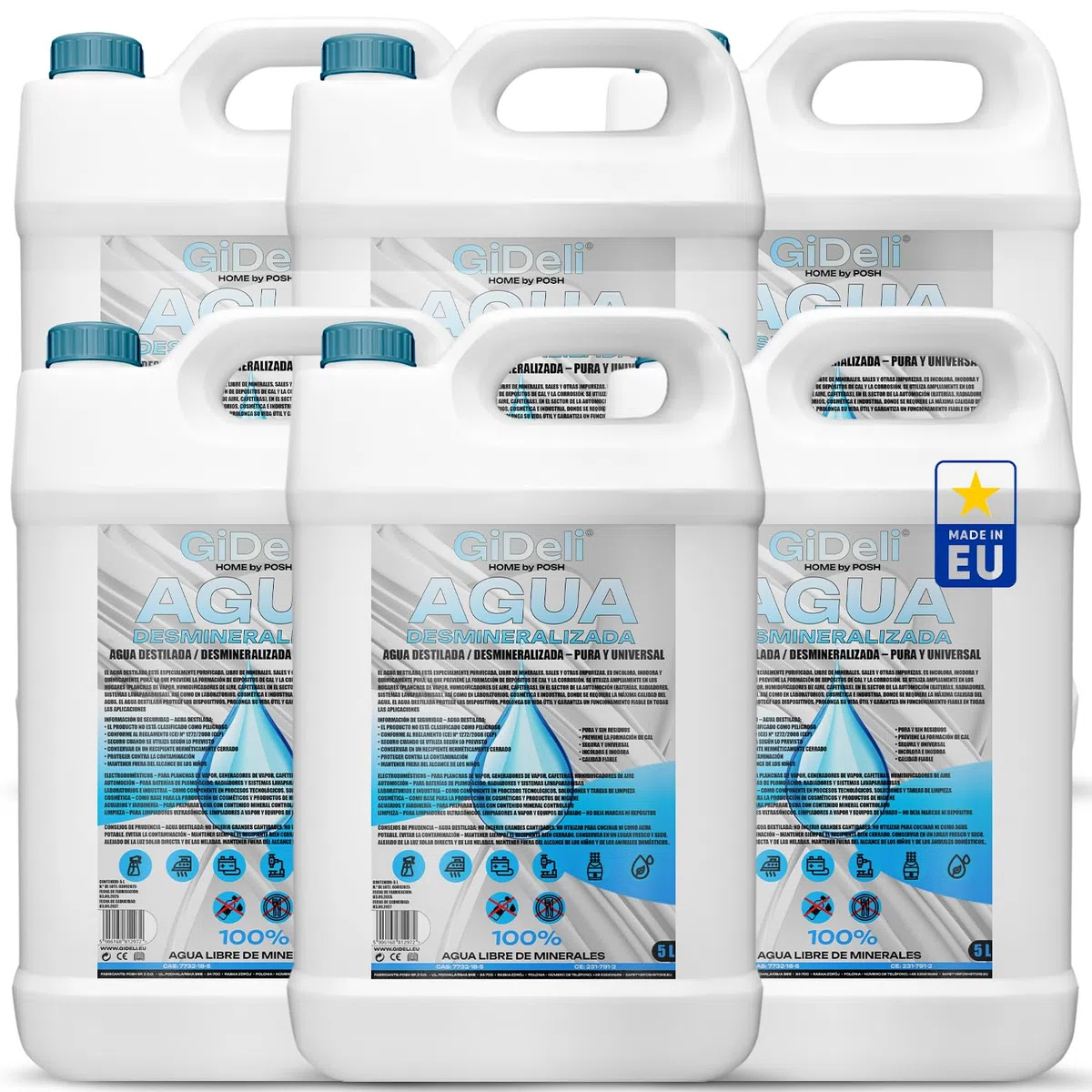 GiDeli Agua desmineralizada, 6 x 5 l, agua destilada para planchas, baterías, radiadores, humidificadores, acuarios y laboratorios, agua sin cal, inodoro, transparente