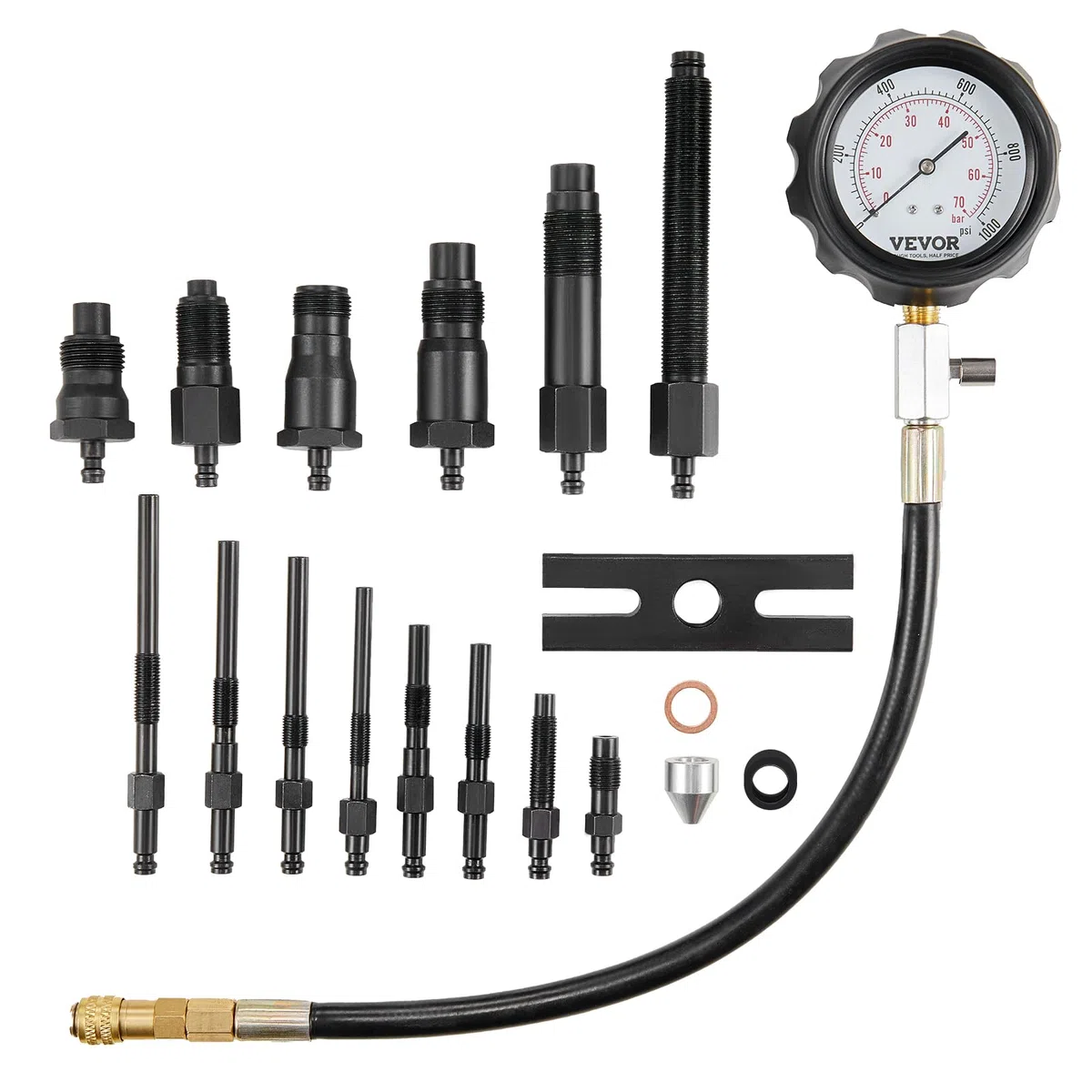 VEVOR Comprobador de Compresión 18 Kits de Adaptadores Compresiómetro para Motor Diésel Medidor de Compresión 0-70 bar/0-1000 PSI Herramienta de Diagnóstico de Cilindro de Motor Taller de Motocicleta