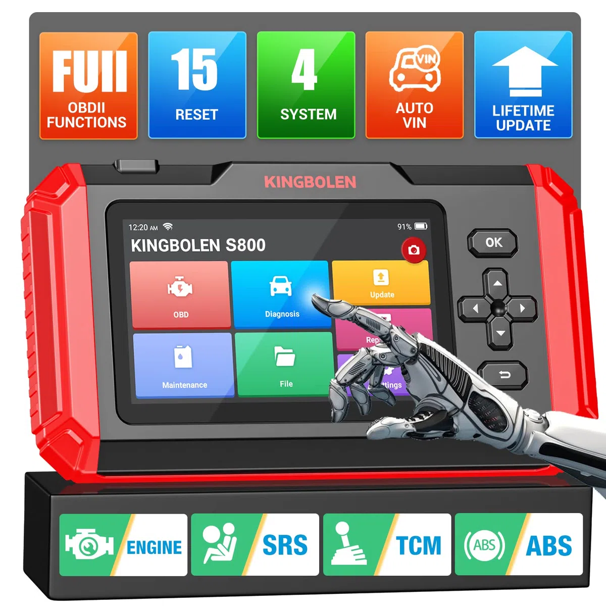 KINGBOLEN Escáner OBD2 S800 Escáner de Coche, Herramienta de Diagnóstico OBD2 con 15 Reinicios, Servicio de Aceite, Freno y Acelerador, Lector de Códigos de Motor, ABS, SRS y Transmisión, Prueba de