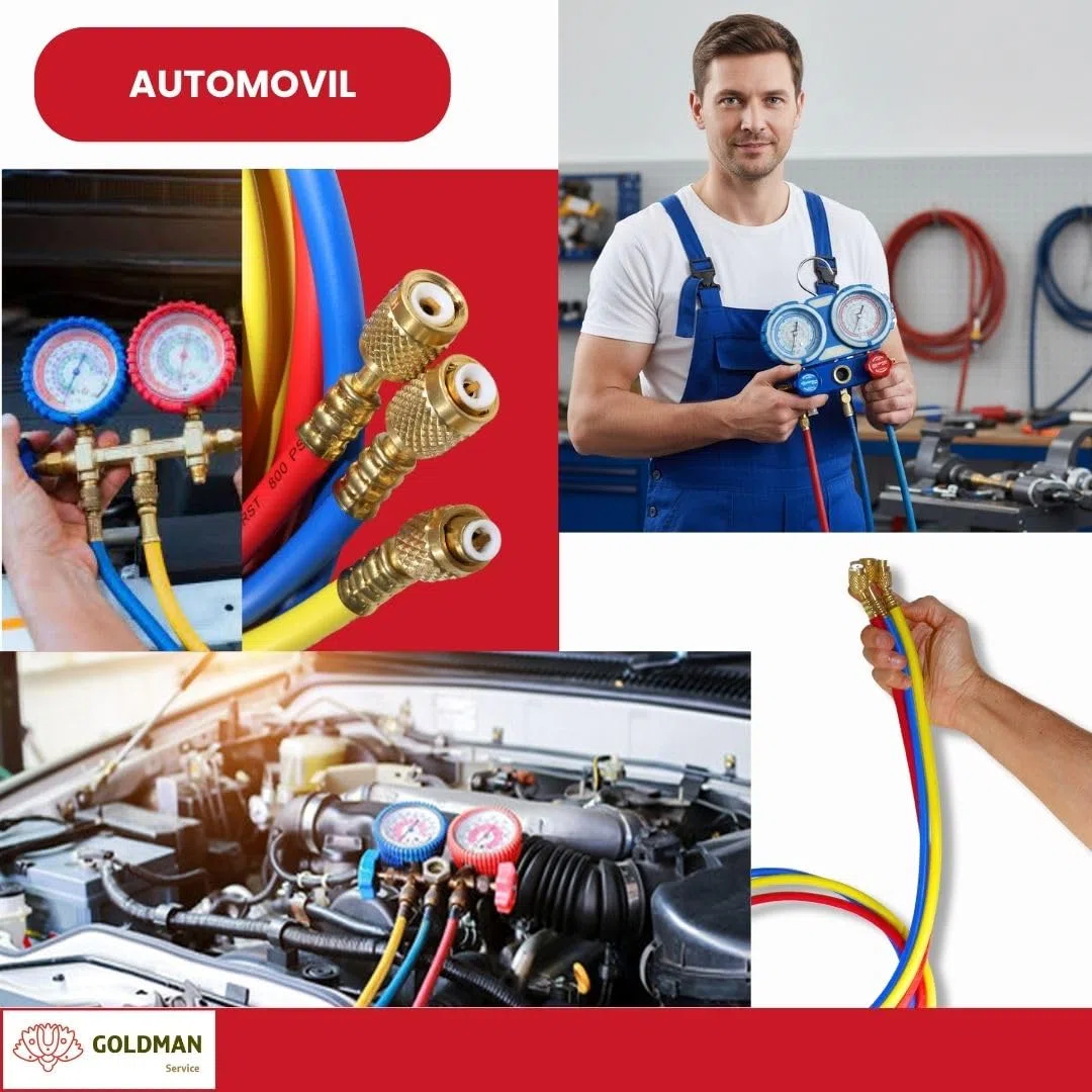GOLDMAN SERVICE | Kit Manómetro Aire Acondicionado con 3 Mangueras Carga y Medición de Gas Refrigerante Coche | R410A R407C R32 R134a