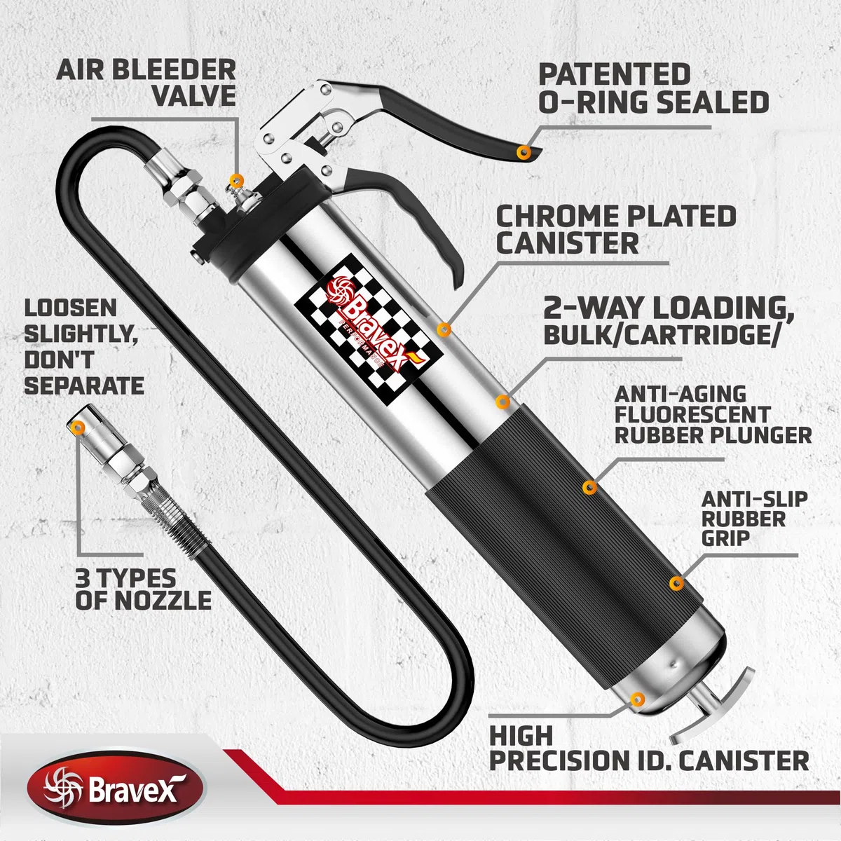 Bravex Pistola de grasa profesional resistente de 6000 PSI – Manguera flexible de 18 pulgadas
