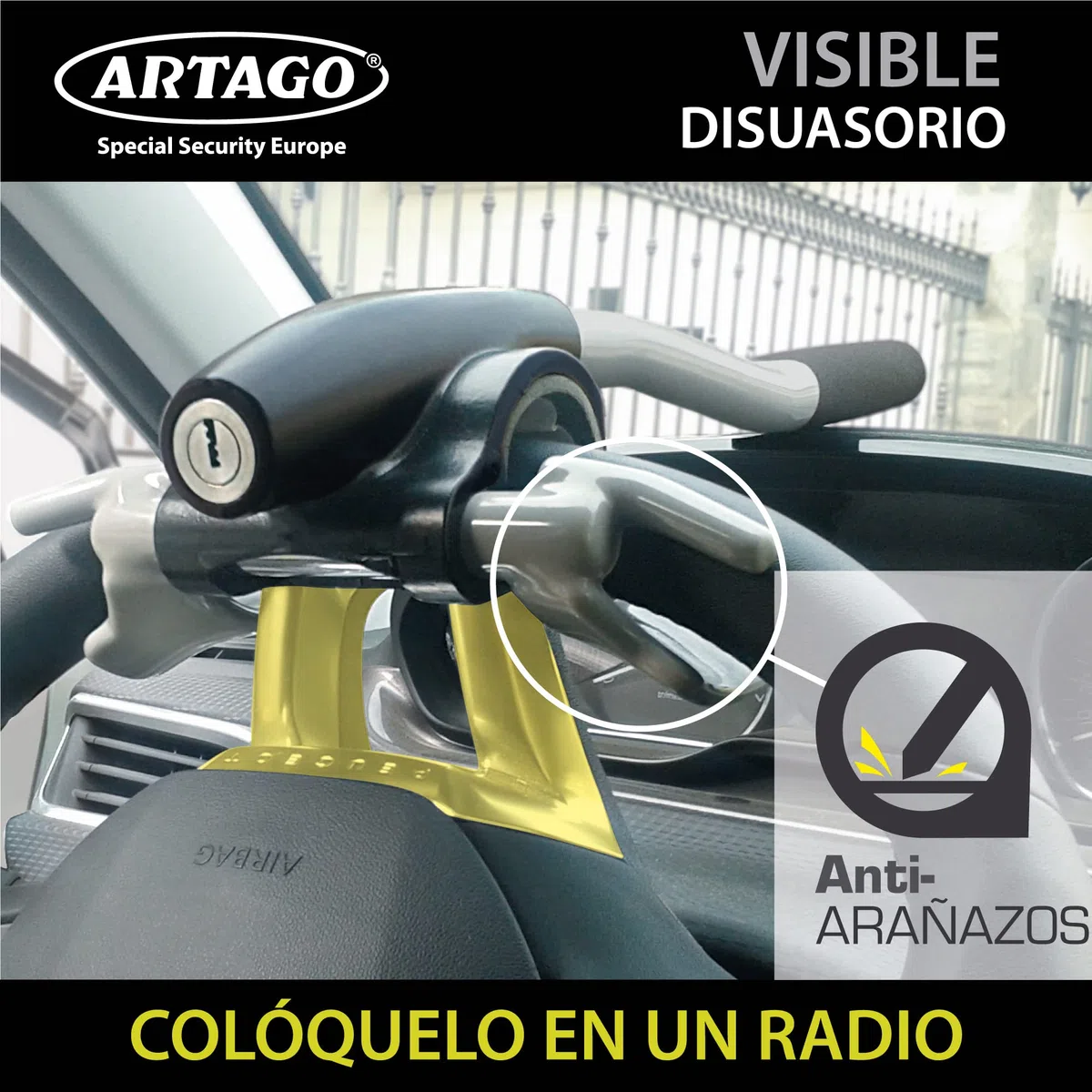 ARTAGO 869 Antirrobo Coche Alta Gama, Bloqueo Volante Más Seguro Alrededor del Radio, Cierre Alta Seguridad Press & Click Más Práctico, Cepo Barra Universal para Auto SUV Camper Autocaravana