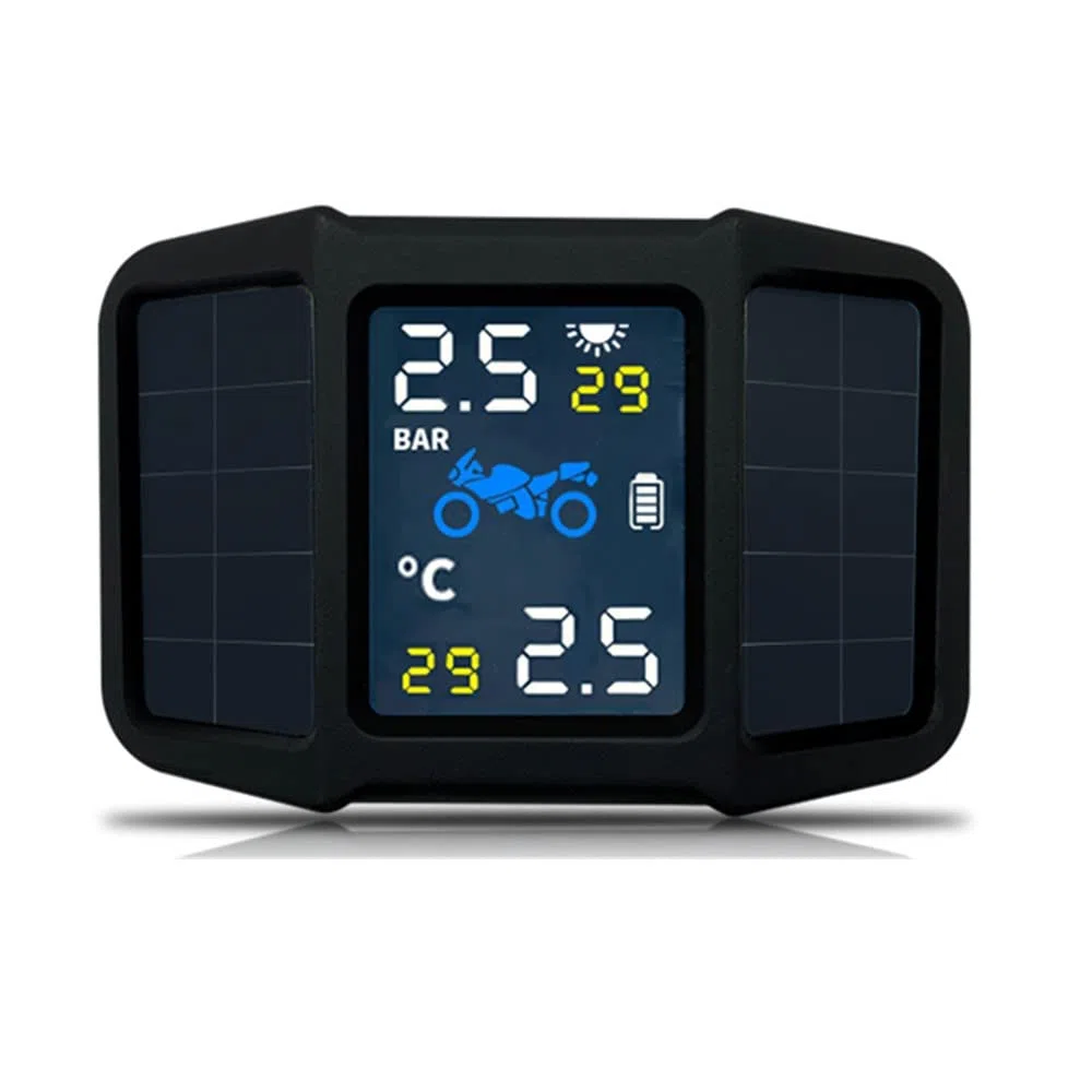 OBEST TPMS Monitor de Presión de Neumáticos de Motocicleta, Solar InaláMbrico Sistema de Control de Presin Moto, Impermeable TPMS con 2 Sensores Externos, Tiempo Real Monitor Presión y Temperatura