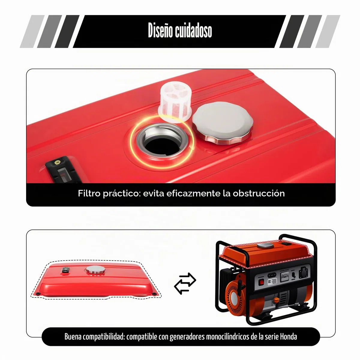 Depósito de combustible para generador [15L de hierro] Tanque de gasolina universal para generadores de electricidad, incl. filtro y llave de gasolina, 54,9x36 cm (Rojo) para construcción
