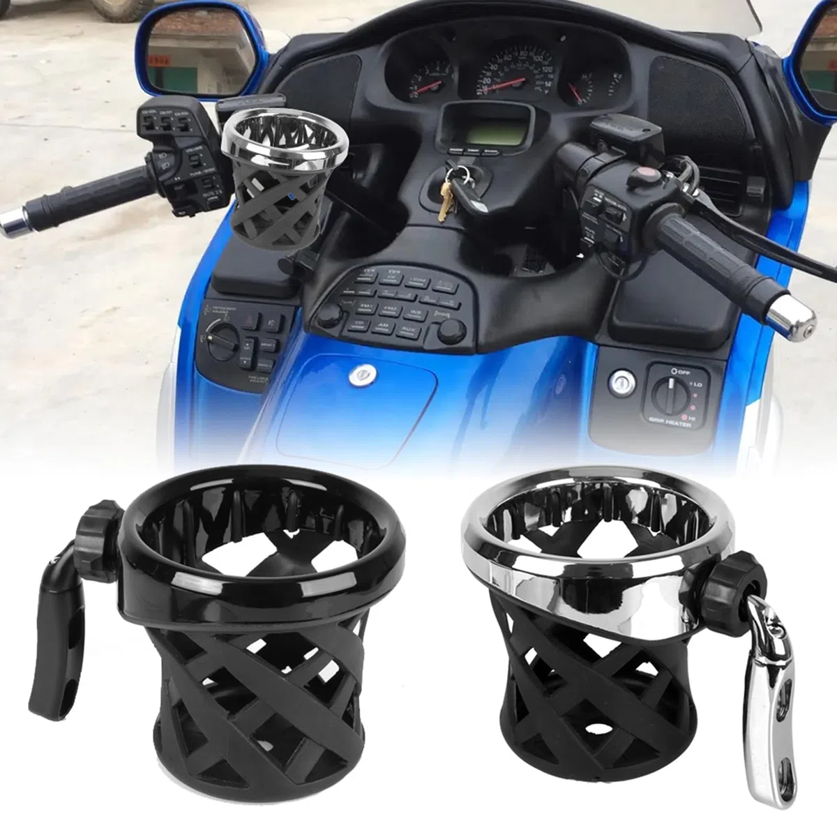 Soporte para bebidas montado en el manillar de motocicleta para Honda Goldwing GL1800 F6B 2001-2023 soporte de botella de retención (plateado)