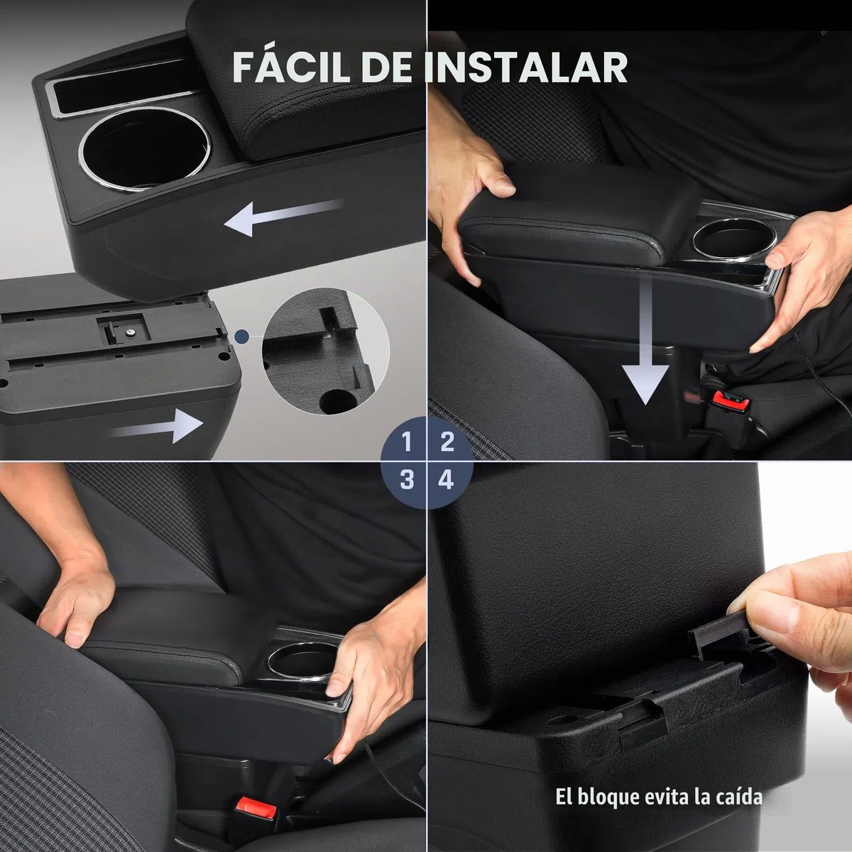 Apoyabrazos para Citroen Berlingo 2010-2020 Consola Central de Coche Doble Capa de Espacio de Almacenamiento con Portavasos Fácil de Montar Cuero Cómodo y Duradero Negro (Línea Negra)