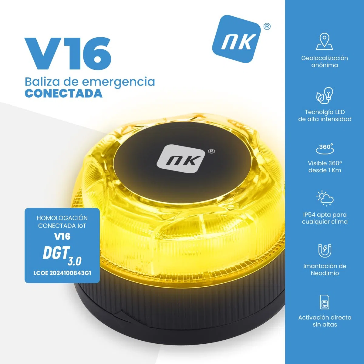 NK Baliza de Emergencia V16 con Geolocalización y Conexión DGT 3.0 – Uso Obligatorio desde Enero 2026, Señal LED Homologada para Coche, Alcance 1km, Resistente al Agua, Datos Incluidos hasta 2038