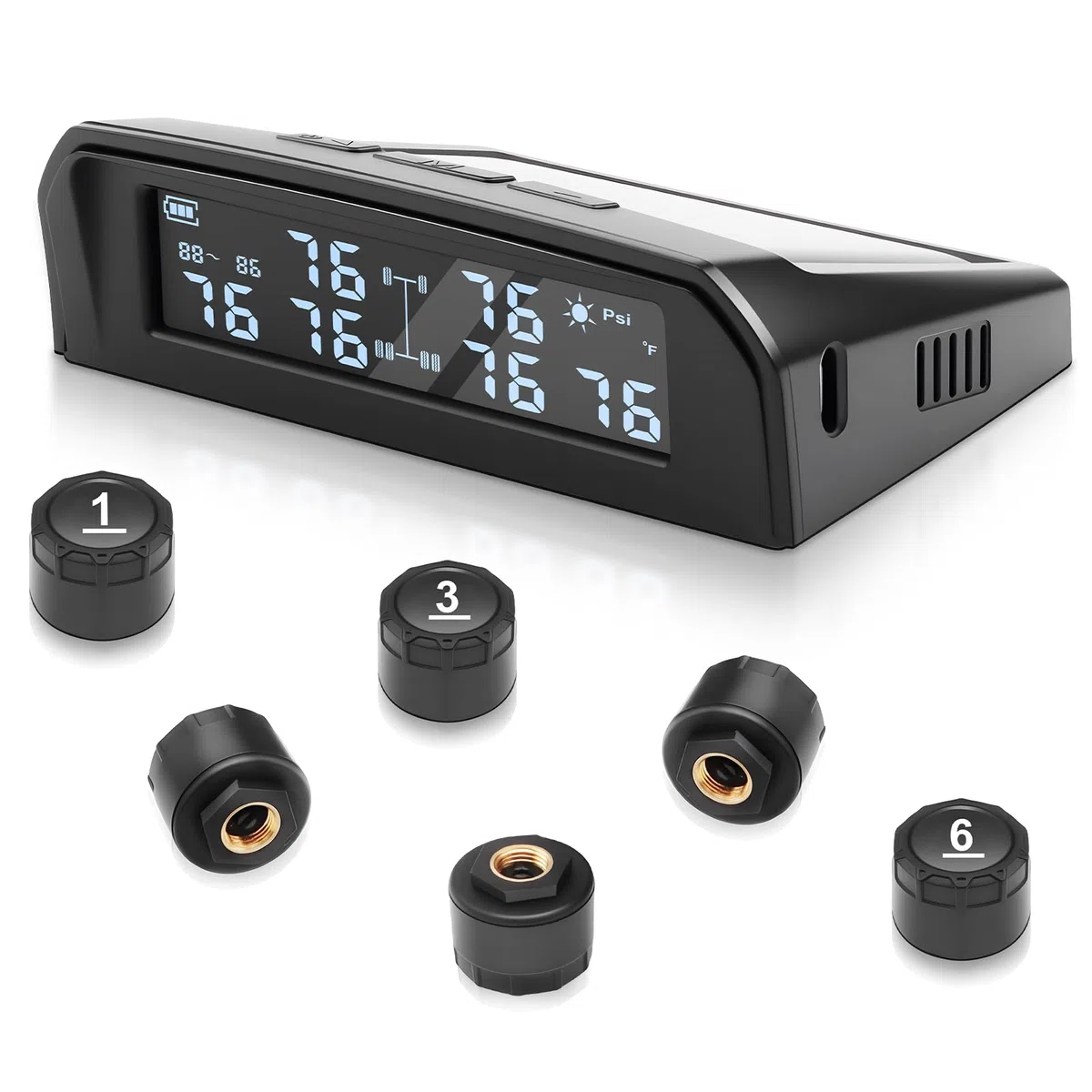 TPMS - Sistema de monitorización de la presión de los neumáticos con carga solar y USB con 6 sensores de presión de neumáticos, 5 modos de alarma, apto para coche, camión, caravana de 0 a 9,9