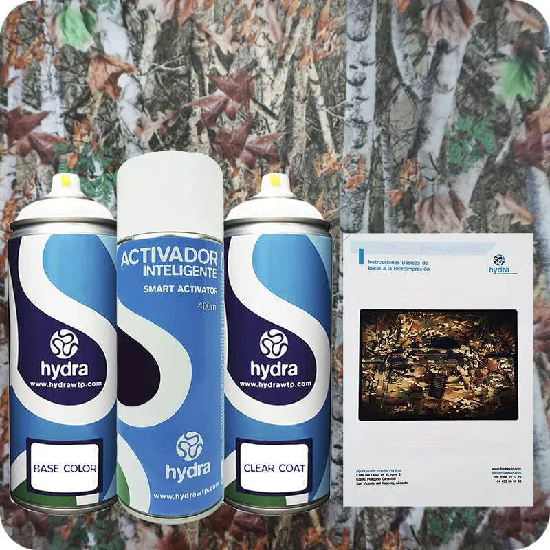 STARTER Kit Hidroimpresion: 1 Activador 400 ml + 1 barniz y color de fondo adecuados de 400 ml + 1 Manual + 1 Lámina hidroimpresión camuflaje. Ancho: 50cm. Largo: 100cm (HCA-172)