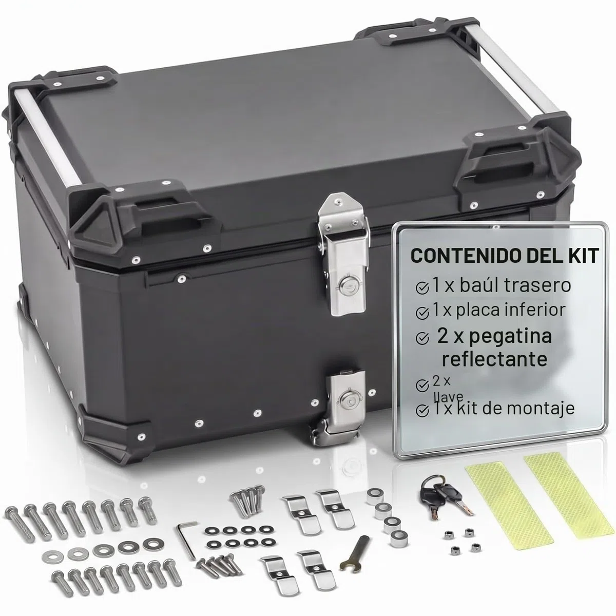 Top Case Moto 65L de Aleación de Aluminio - Baúl trasero universal impermeable para moto y scooter - Maleta de almacenamiento de gran capacidad (2 cascos) Forro interior Premium Cerradura de