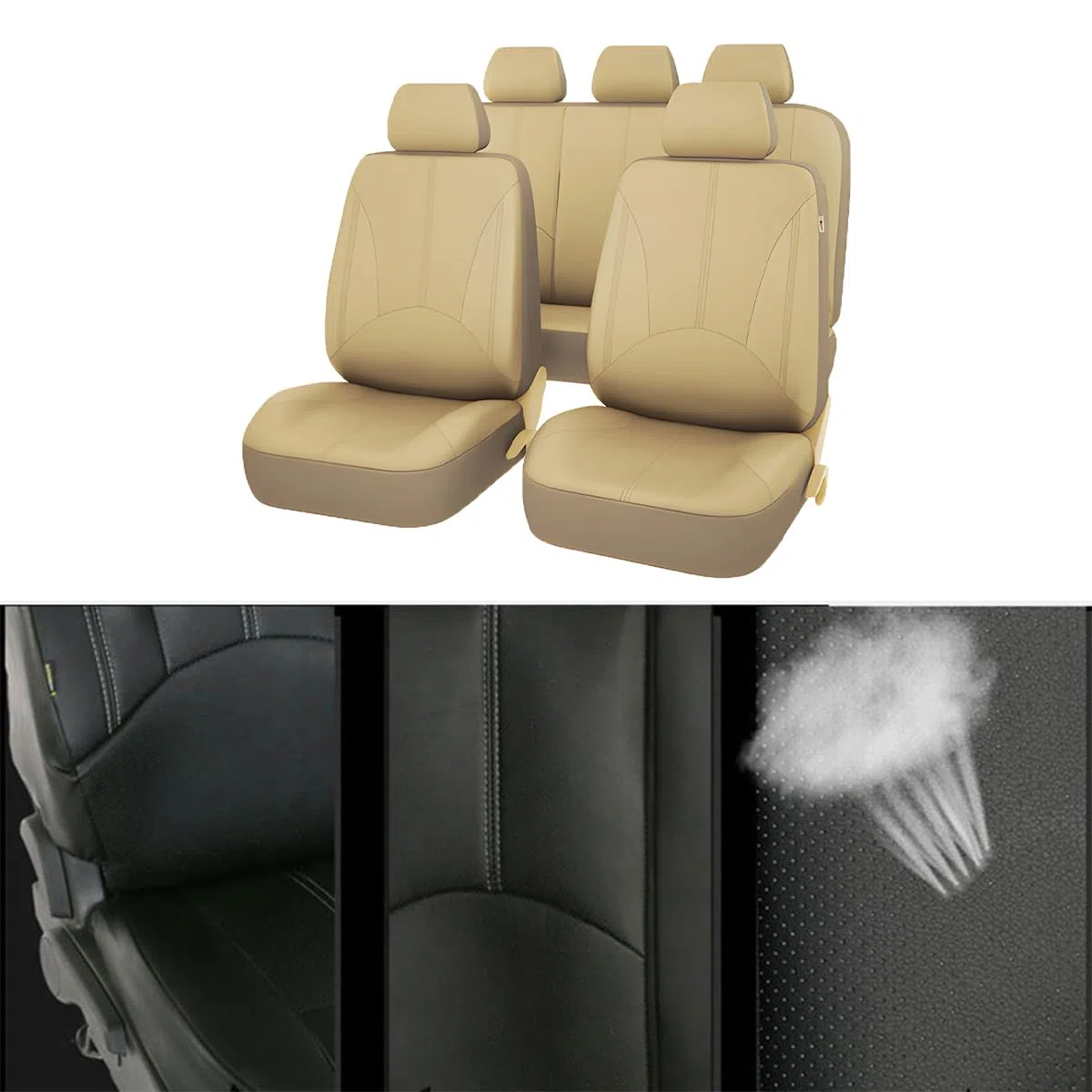 JNNJ 9 Piezas Fundas Asientos Coche, Sets Fundas Asiento Cuero Delanteros Traseros, Fundas Cuero Polvo Transpirables Juego Completo Protector Asiento, Cómodo Cubreasientos Accesorios(Beige)
