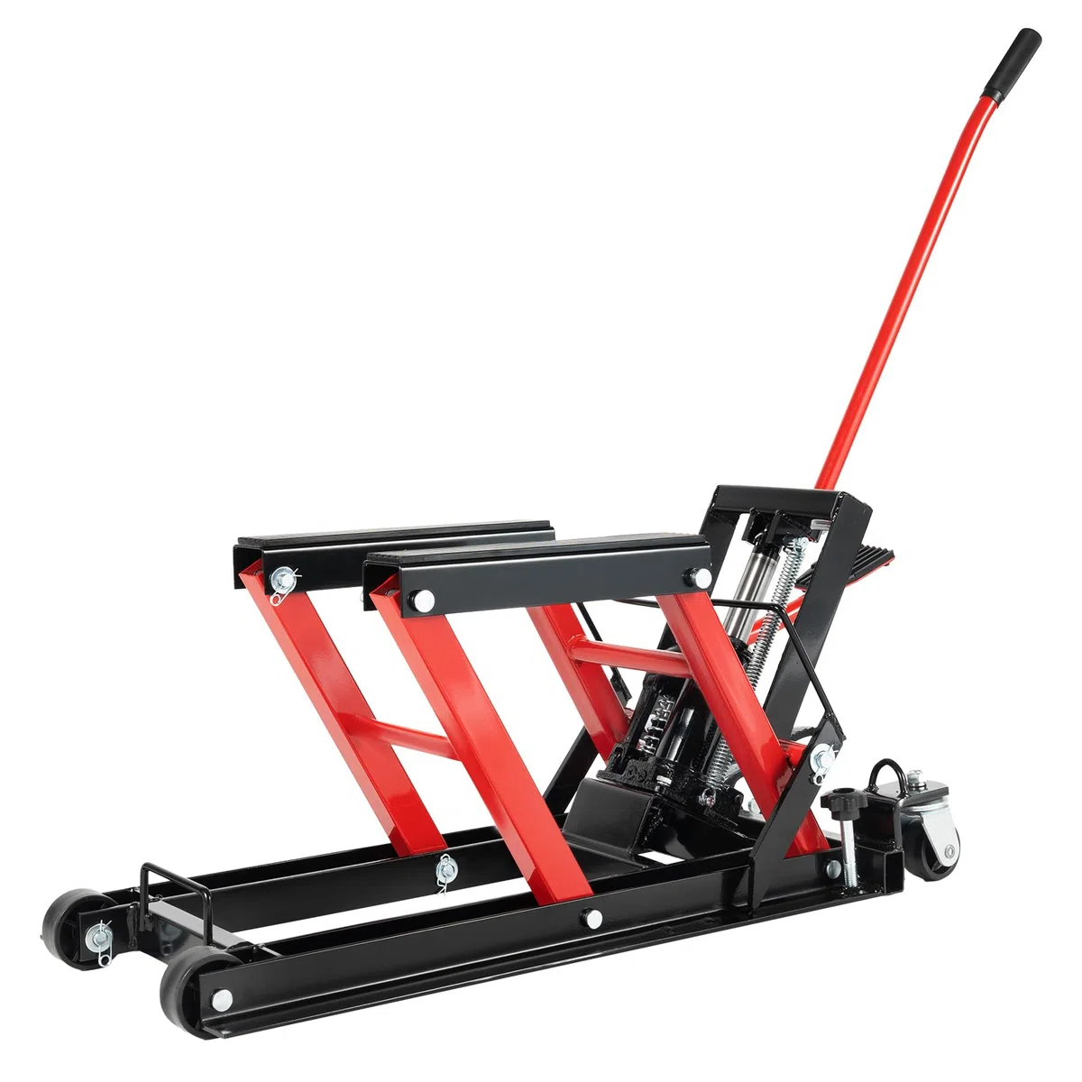 Elevador de motocicleta hidráulico de 680 kg, plataforma elevadora de motocicleta de 115 a 365 mm, con 3 pasadores de seguridad, almohadilla de goma antideslizante, 4 ruedas, plataforma