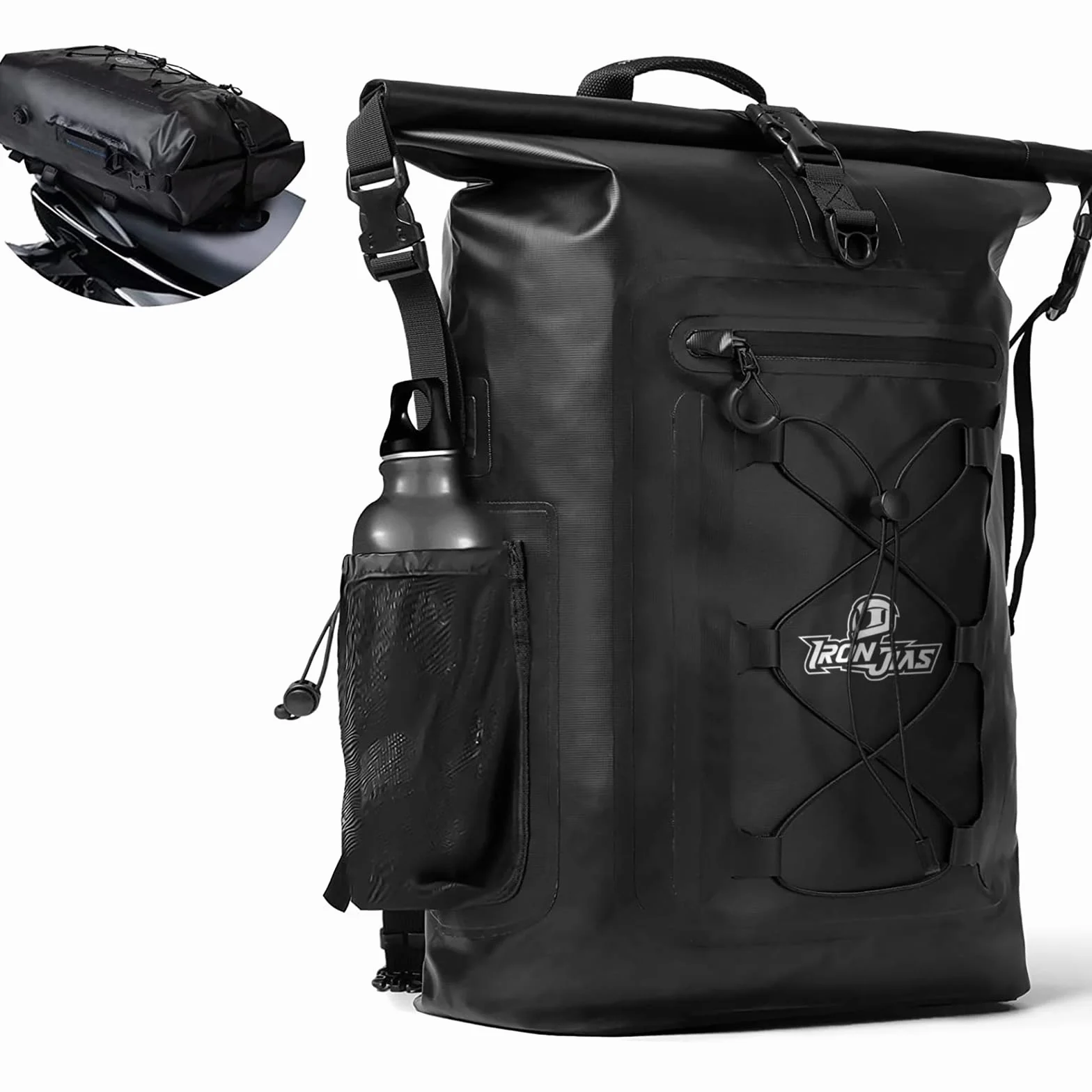 Grapelet Impermeable Mochila Moto 40L también para bicicleta con Cintura Desmontable para los hombros PVC 500D Bolsa Estanca Negra con bolsillos laterales resistente a la lluvia el nieve y el barro