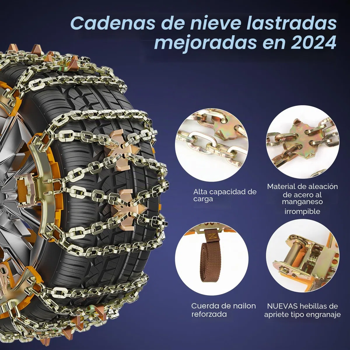 Cadenas de Nieve 4 Piezas Ajustables y Resistentes Con Pala de Nieve de Plástico y Guantes - Para Coches, Camiones, SUV - Ancho 165-265 mm