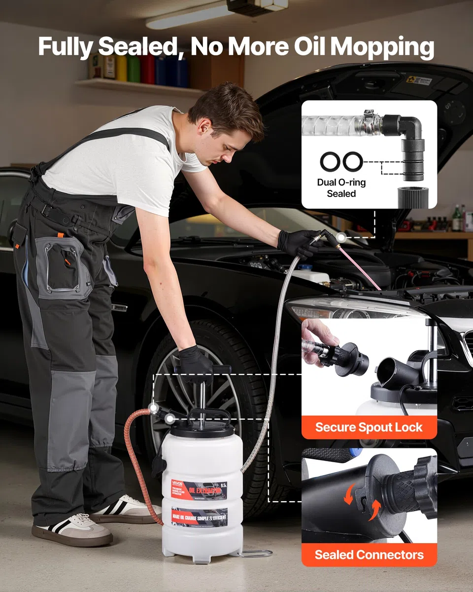 VEVOR Bomba de Líquido de Transmisión Manual Capacidad 9,5 L, Extractor de Aceite de Mano para Máquinas, con Manguera 150 cm Tubos de Extensión Adaptadores, Cambio de Aceite para Coches Barcos Motos