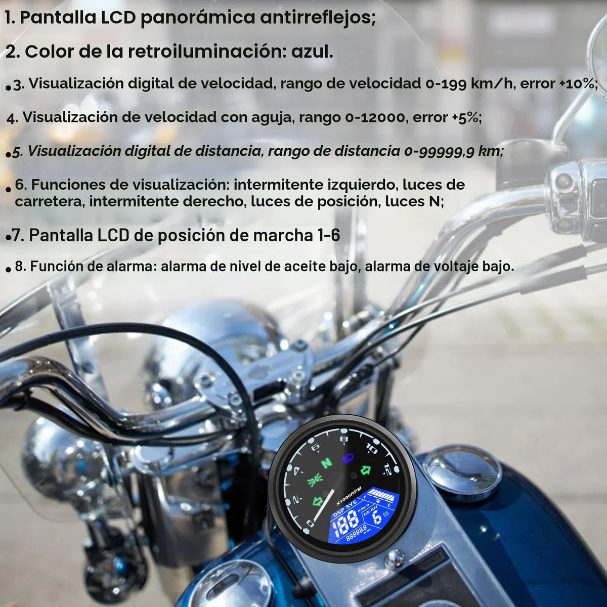 Geloo Velocímetro digital para motocicleta, velocímetro digital, tacómetro 12000 RPM 199 KMH MPH universal para cilindros 1,2,4 con luz indicadora multifunción 12 V