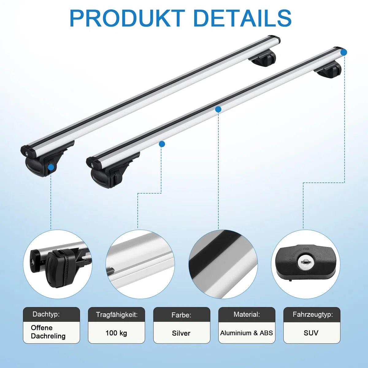 Barras de techo para coche, aluminio, distancia interior de la viga de techo 19-109 cm, apto para modelos con rieles de techo abiertos, soporta hasta 100 kg, adecuado para SUV y otros vehículos