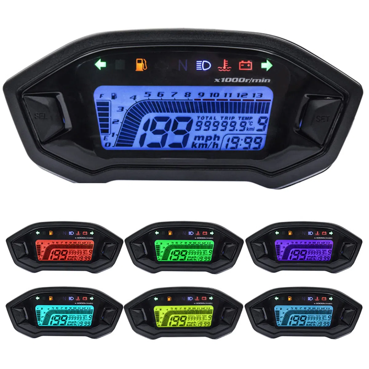 Geloo Motocicleta Velocímetro Tacómetro, 13000 RPM Universal Manómetro de Motocicleta 7 colores LED Retroiluminación Cuentakilómetros Digital con Sensor de Velocidad