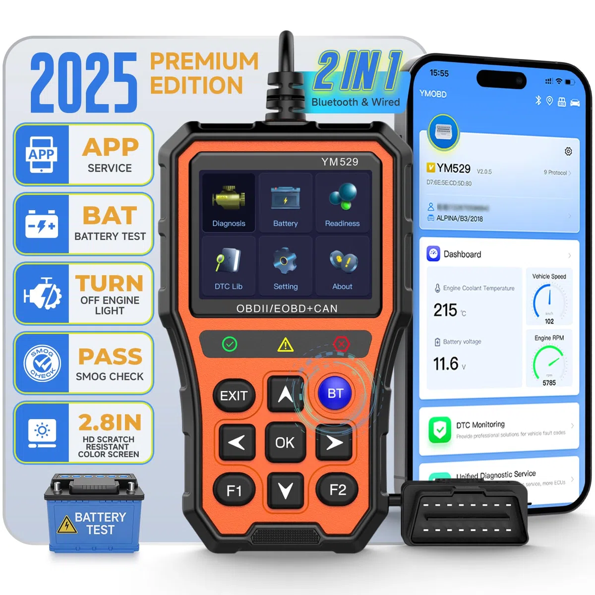 Escáner Profesional OBD2 con Herramienta de diagnóstico del probador de batería Pantalla IPS de 2,8 Pulgadas, Comprobar la preparación de Las emisiones, Leer y borrar los códigos de Error, Naranja