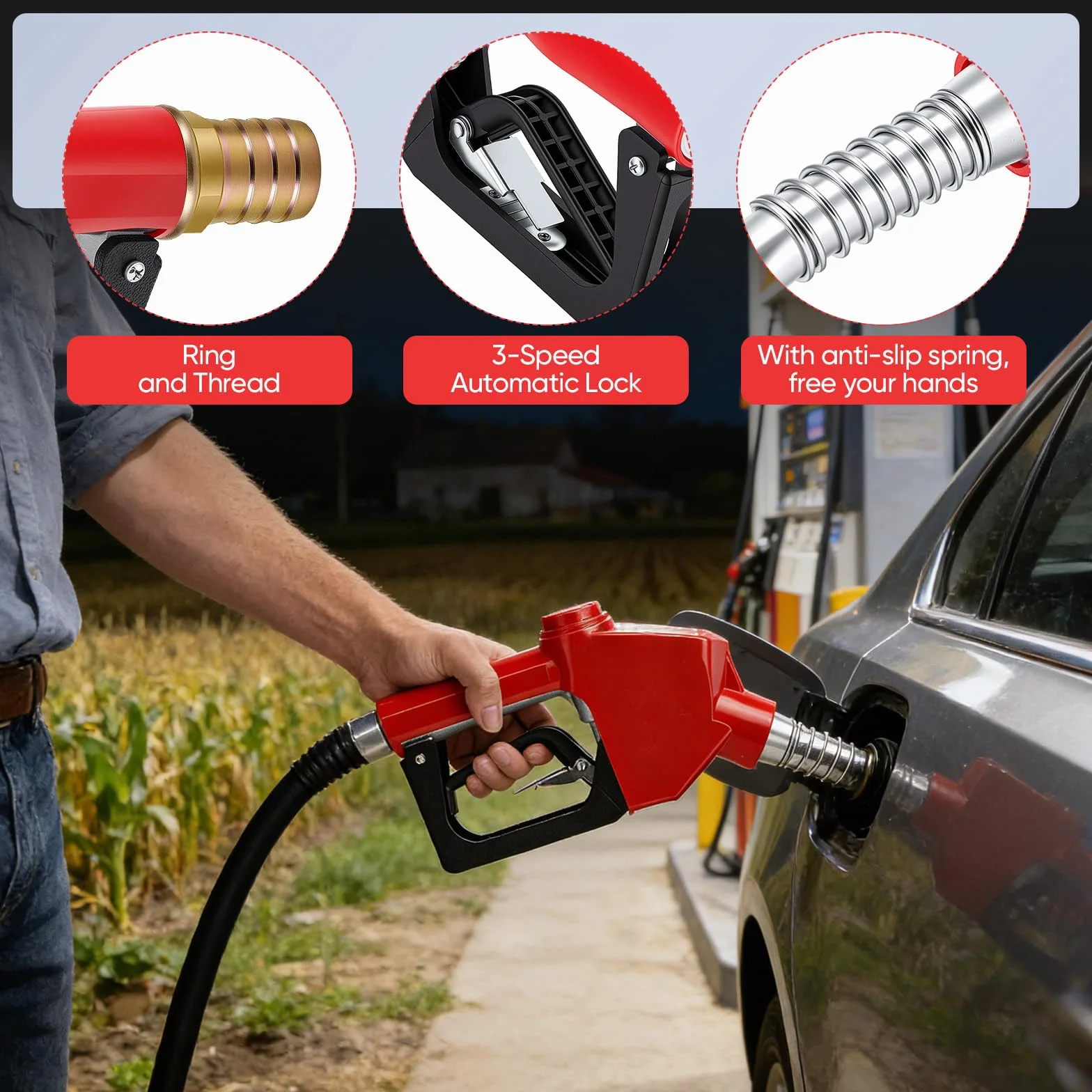 Pistola de Combustible diésel automática, Boquilla de Combustible con Entrada NPT de 3/4" para gasóleo de calefacción y diésel Bomba de diésel autocebante con 3 ajustes de caudal
