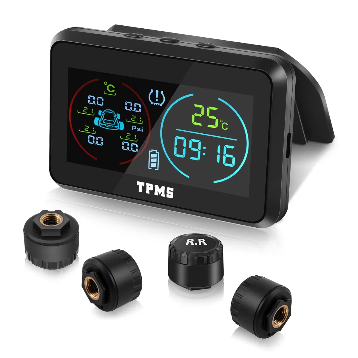 TPMS(0-6.5Bar) Sistema Monitoreo De PresióN De NeumáTicos Carga Solar USB, 4 Sensor Presion Neumaticos 5 Modos De Alarma Monitorización（Temperatura y presión etc.）para Coche SUV Furgoneta