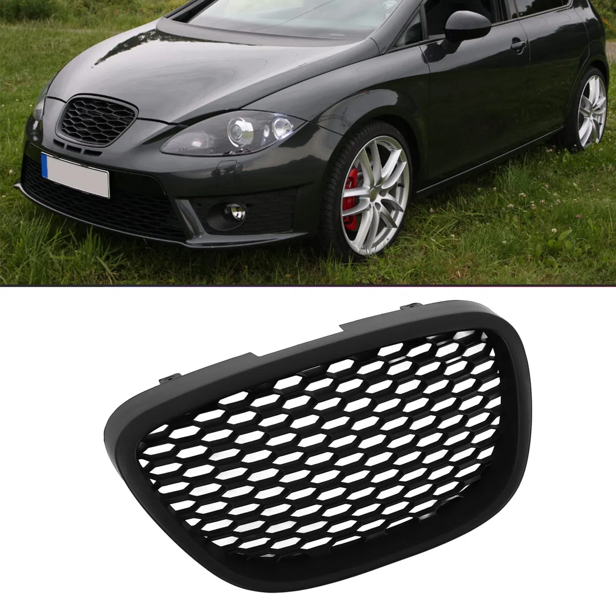 Parrilla delantera de panal negra mate 1133007, repuesto para Seat Altea Toledo, material ABS premium con revestimiento, instalación directa con perno, ajuste perfecto para MK2 1