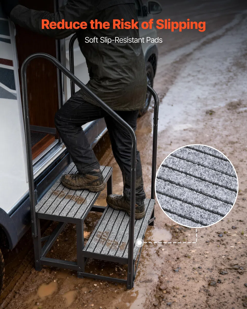 VEVOR Escalera para Autocaravana de 2 Peldaños Carga de 299,38 kg, Escalera con Pasamanos Doble con Alfombrilla Antideslizante, para Personas Mayores y Mascotas, Portátil para Jacuzzi, Caravana