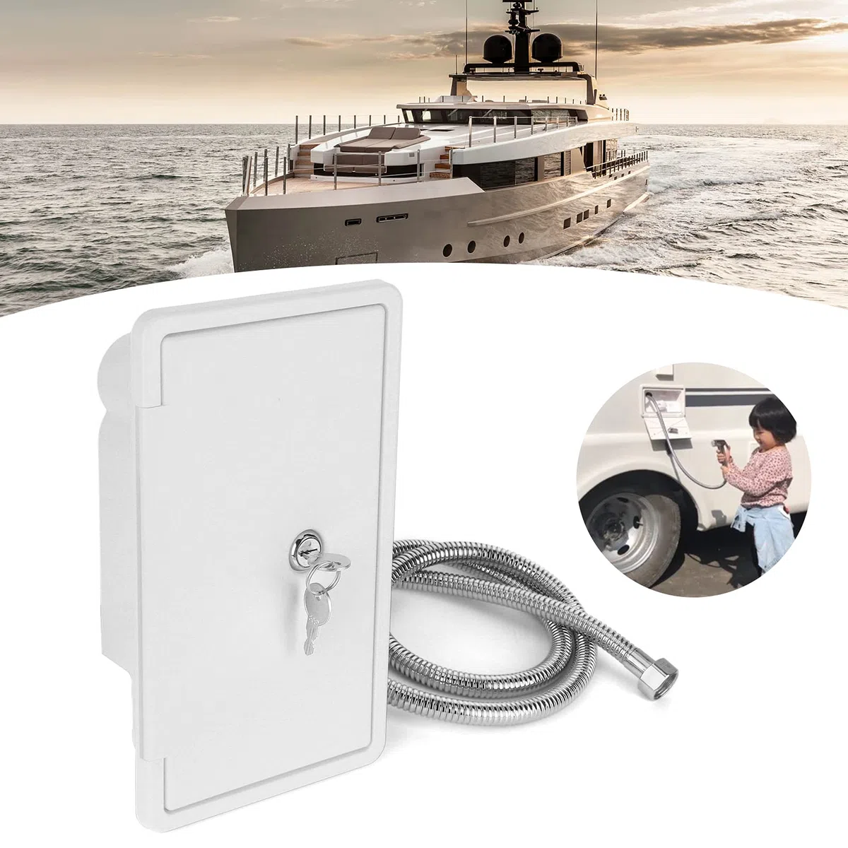 Caja de Ducha Exterior para Autocaravana – Válvula de Agua Fría y Caliente con Cabezal de Ducha y Manguera Metálica de 1.5m, Grifo para RV, Camper, Barco y Remolque