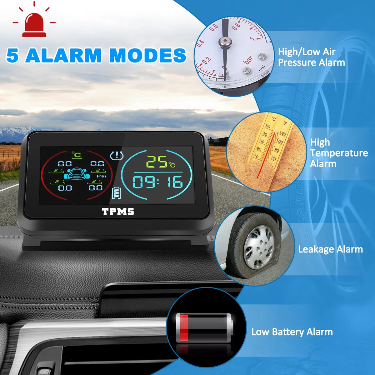 TPMS(0-6.5Bar) Sistema Monitoreo De PresióN De NeumáTicos Carga Solar USB, 4 Sensor Presion Neumaticos 5 Modos De Alarma Monitorización（Temperatura y presión etc.）para Coche SUV Furgoneta