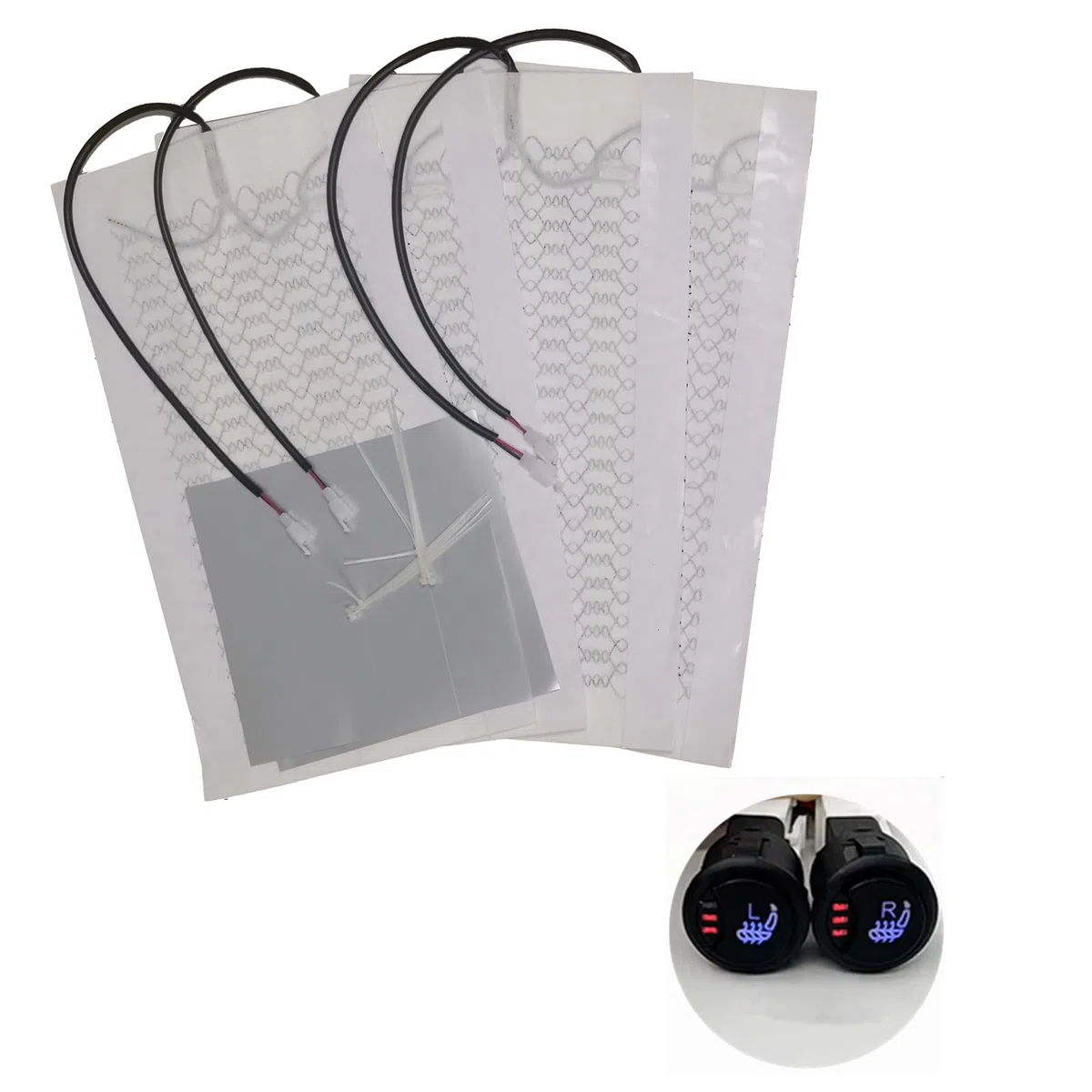 Kit de calefacción de fibra de carbono para asiento de coche con interruptor, 3 niveles, universal, para asientos de coche, 4 almohadillas (2 asientos) - E