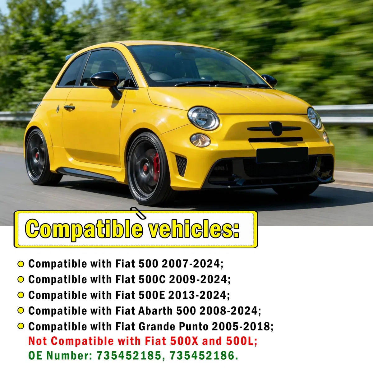 TTCR-II 2PCS Compatible con Carcasa Retrovisor Fiat 500/500C/500E/Abarth 500 2007-2024/Grande Punto 2005-2018, Fiat 500 Espejo Retrovisor Izquierdo+Derecha Grande Punto Espejo Tapa Reemplazo-Negro