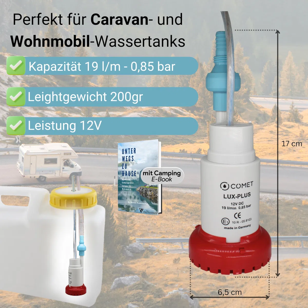 Carbest LuxPlus Bomba de agua 12V con válvula de retención y filtro Camping Ebook - 19 l/m, 0,85 bar, blanco/rojo, plástico, diseño mini bomba de transferencia