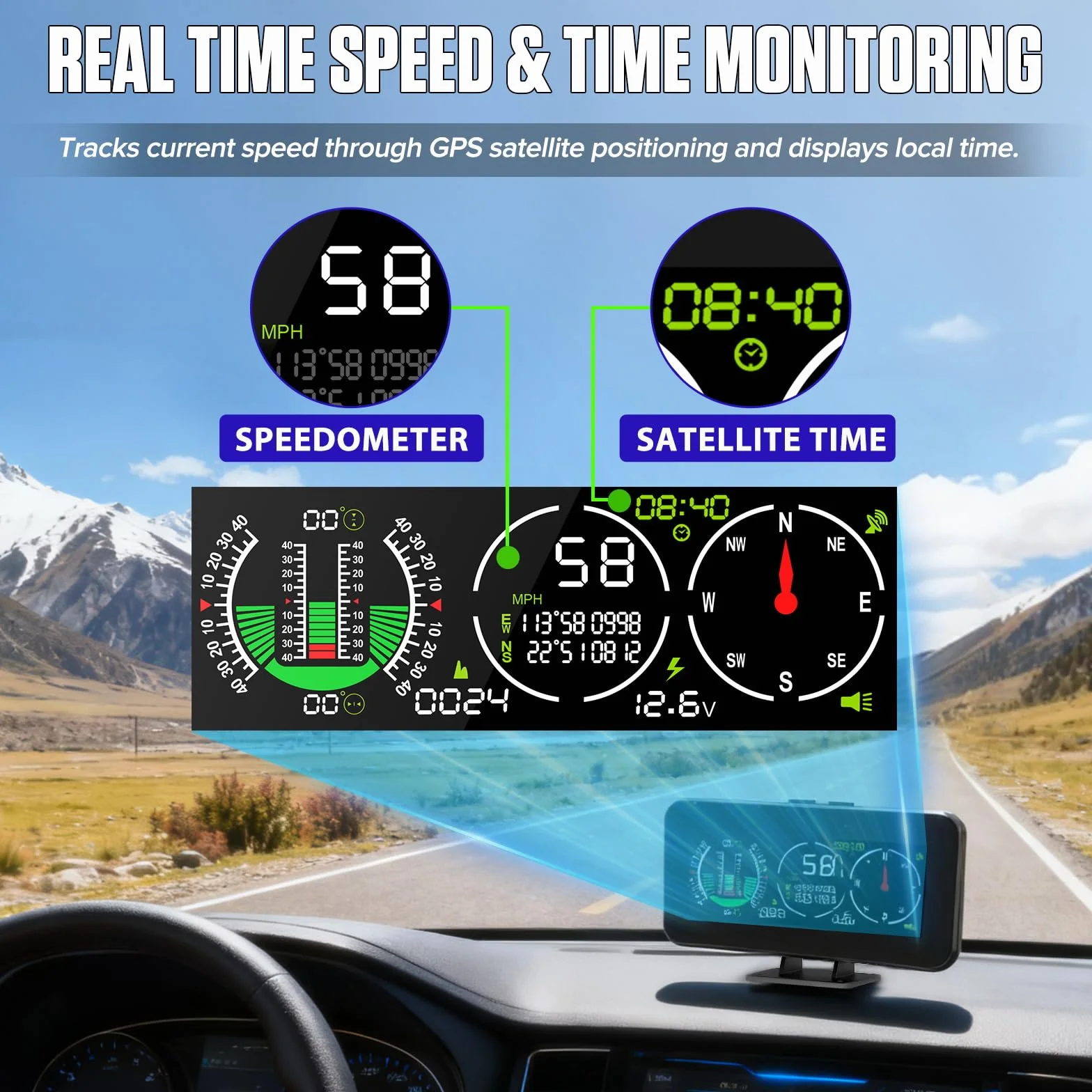 MR CARTOOL M60 Inclinómetro Digital Coche GPS Clinómetro Medidor Velocida Ángulo Inclinació Pantalla HUD Cuentakilómetros con Alarma de Exceso de Velocidad para Vehículos SUV Todoterreno DC10-30V