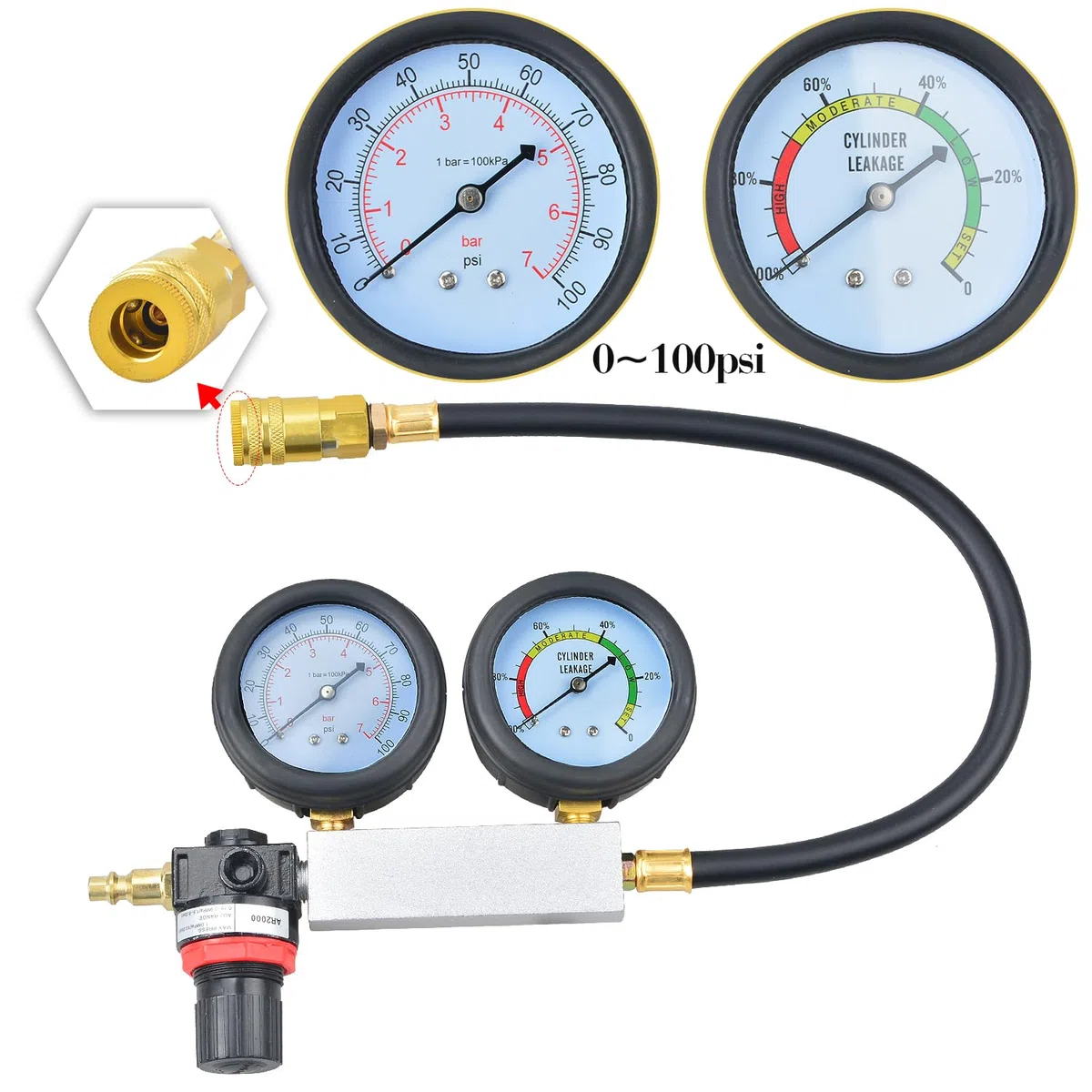 Kit de prueba y fuga de motor de cilindro, juego de probador de fugas de motor de gasolina con barra de extensión para prueba de presión