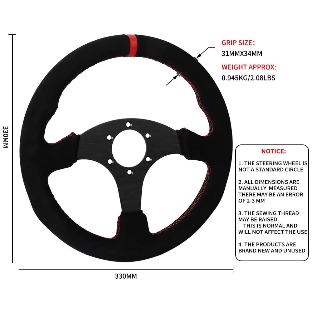 Volante Desplazado, Volante Deportivo Volante plano de 330 mm con marco de aluminio de gamuza for carreras de 13 pulgadas(B)