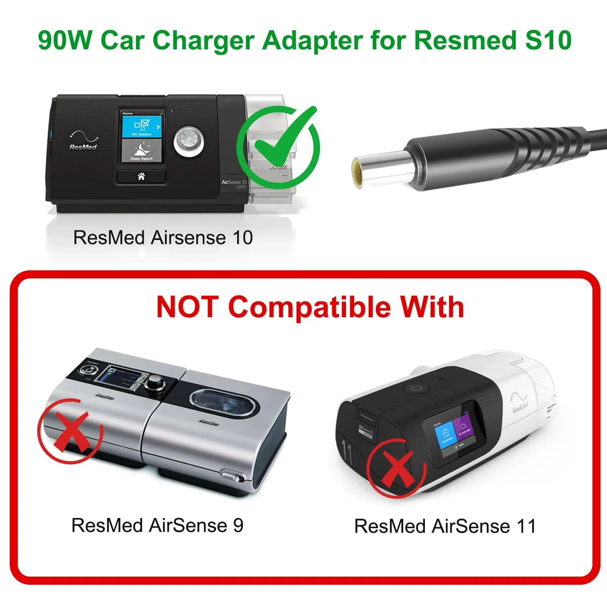KFD DC 12V-24V Cargador de Coche Adaptador Mechero para Resmed Airsense 10, AirStart 10 y AirCurve 10 CPAP Machine, Lumis VPAP BiLevel 24V 3.75A 90W ResMed S10 370001 37344 Encendedor de Cigarrillos
