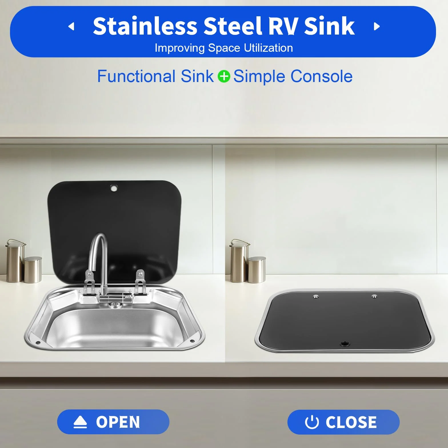 Lavabo de mano RV, 41 x 36,5 x 16 cm, de acero inoxidable, lavabo de un solo cuenco, RV, para camping, fregadero de caravana con grifo para cocinas pequeñas, bares, hoteles