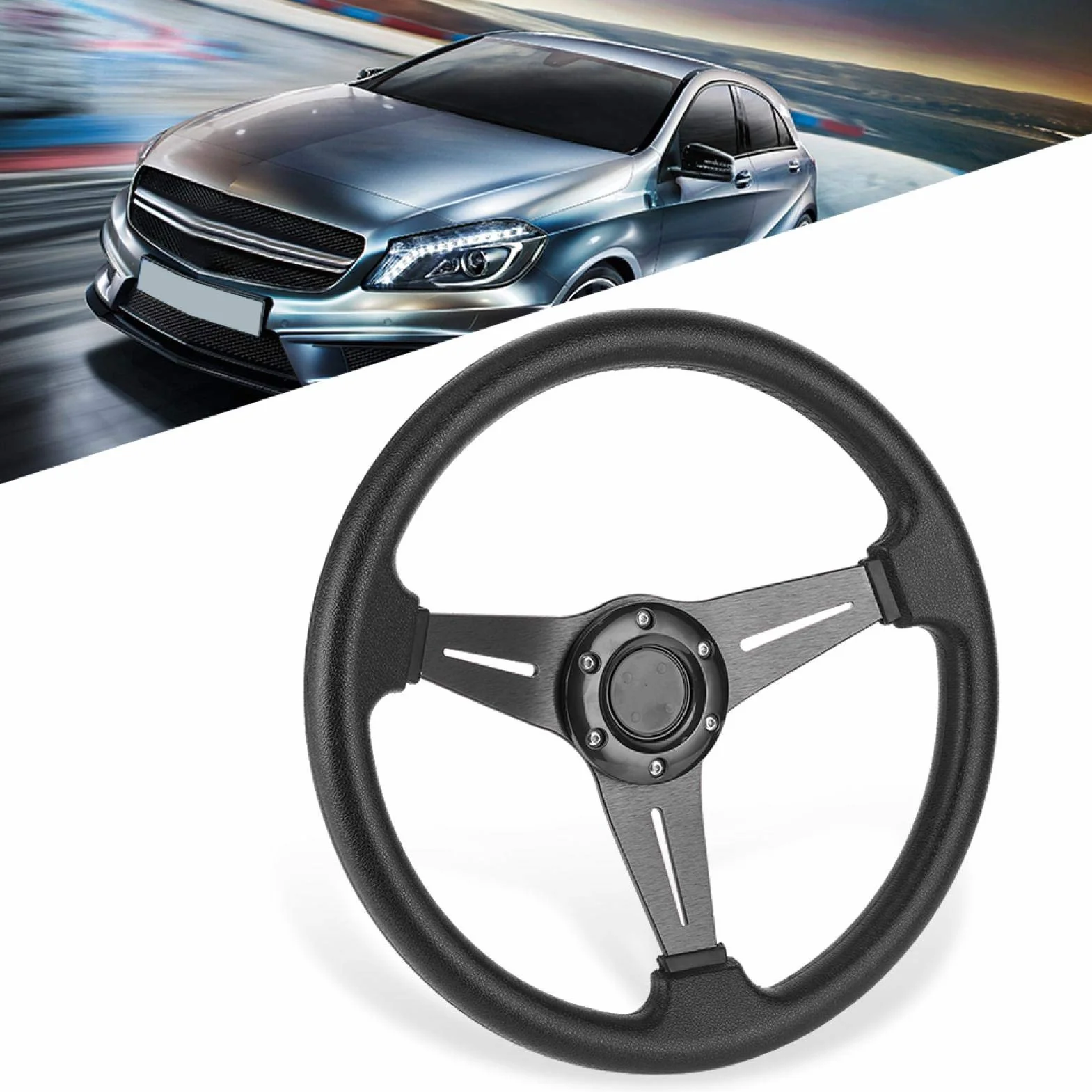 Volante, 350 mm 14 pulgadas Coche de carreras Derrapaje Deportivo Reequipamiento Volante Aleación de aluminio Reemplazo de PU Accesorio universal modificado(negro)